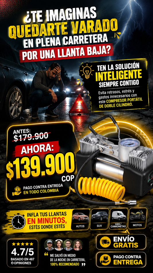 Compresor Doble Pistón: Inflador de Emergencia Ultra-Rápido
